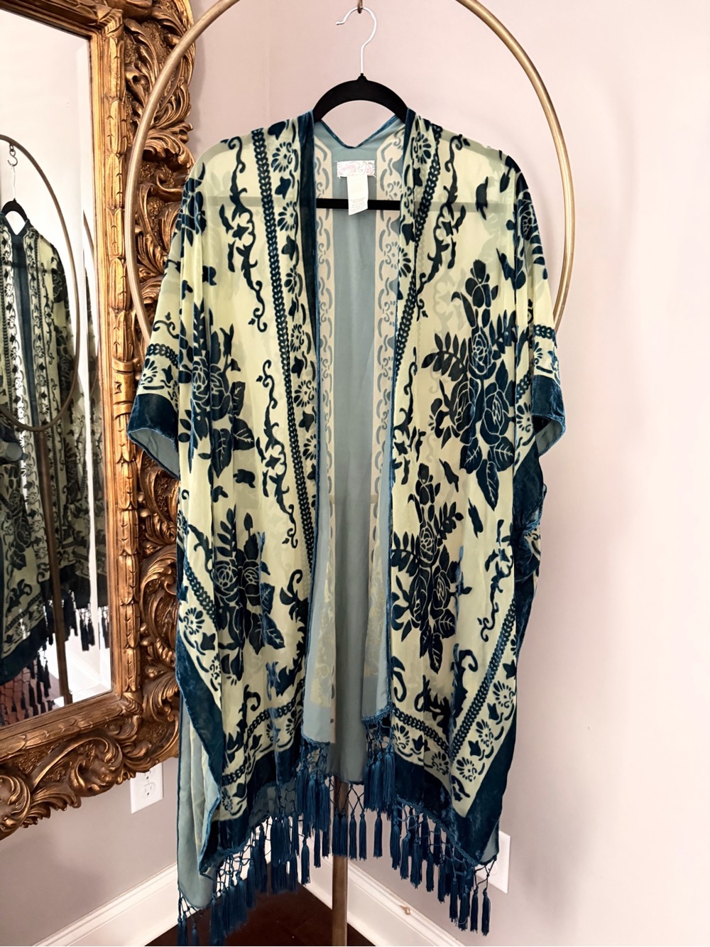 Free People Teal & Green Burnout Velvet Floral Kimono with Fringe